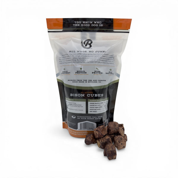Nutritional information and ingredients for Boulder Dog Food Bison Cubes, 100% sourced and made in the USA.