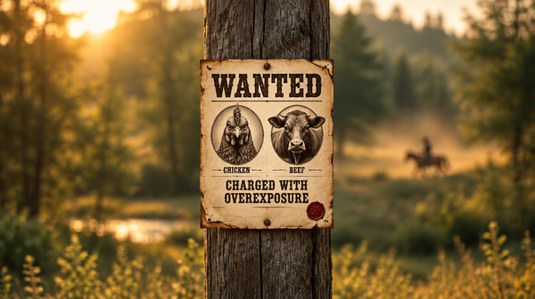 Vintage wanted poster nailed to a wooden post, showing illustrated portraits of a chicken and a cow labeled “CHICKEN” and “BEEF,” with the headline “WANTED” and the charge “CHARGED WITH OVEREXPOSURE.”