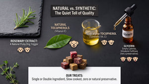 An infographic comparing natural and synthetic ingredients in dog treats, with text and emojis explaining each ingredient's impact.