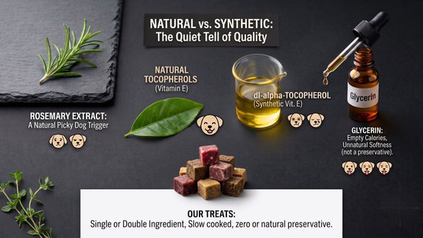 An infographic comparing natural and synthetic ingredients in dog treats, with text and emojis explaining each ingredient's impact.