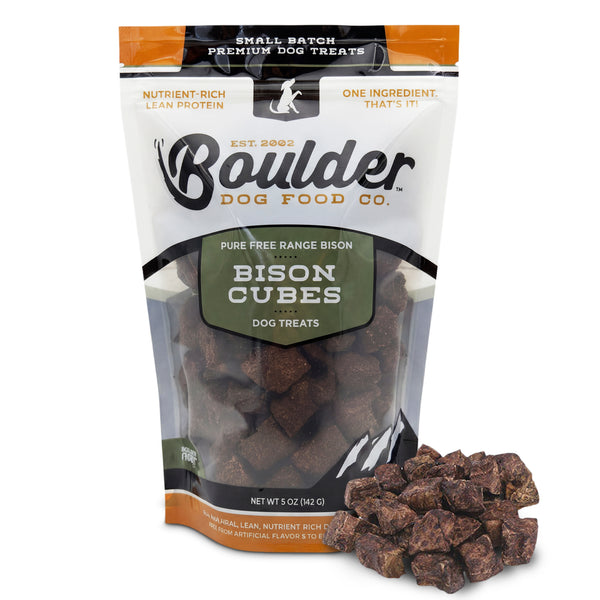 Boulder Dog Food Co. Bison Cubes in new 2026 stand-up pouch packaging - 100% natural bison dog treats.