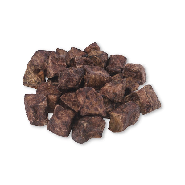 Close-up of Boulder Dog Food Bison Cubes, crunchy single-ingredient bison lung dog treats for training.