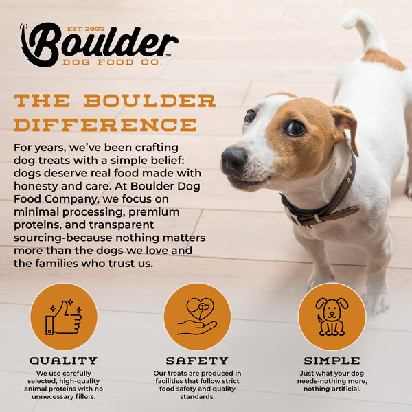 Boulder Dog Food Co. advertisement with a dog and text about their brand values.