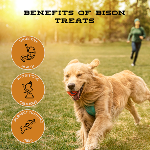 All-natural Bison Bits made from 100% pure bison lung. USA & Canada sourced, high-protein, and grain-free. The perfect crunchy reward for dogs with allergies.