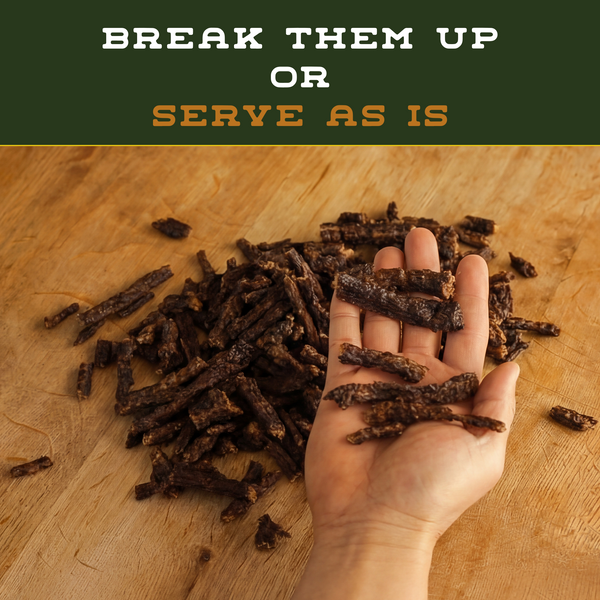 Close-up of slow cooked Bison Bits — nutrient-rich bison  for dogs.