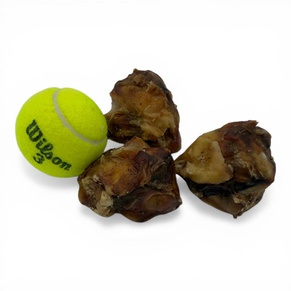 Size comparison of Boulder Dog Food Bison Caps next to a standard tennis ball. Demonstrating the ideal size for medium and large breed dogs.