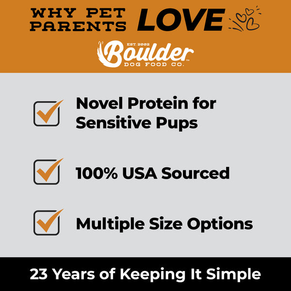 Boulder Dog Food Co. advertisement highlighting features like novel protein for sensitive pups, 100% USA sourced, and multiple size options.