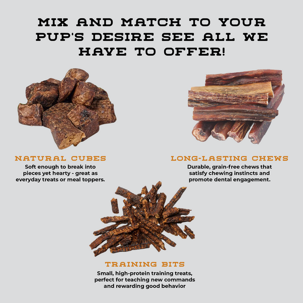 Variety shot of Boulder Dog Food treats including Bison Bits, Cubes, and Jerky.