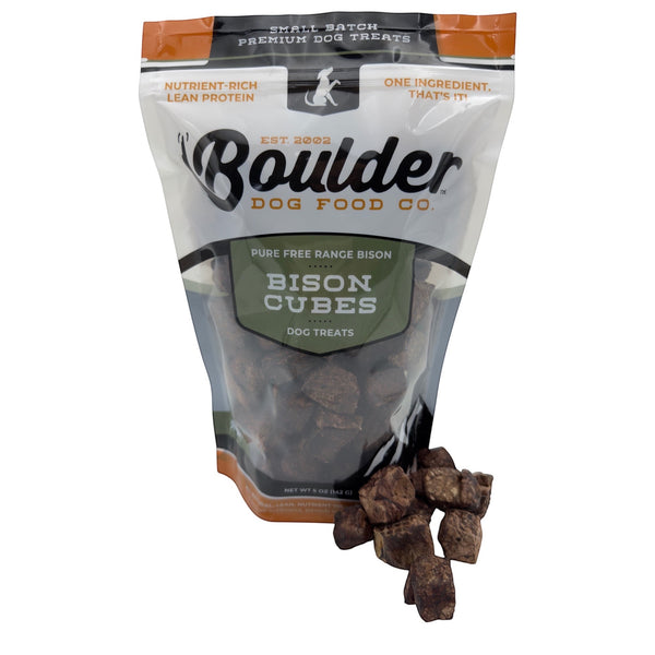 Boulder Dog Food Company Bison Cubes, single-ingredient dog treats made from 100% bison lung. Nutrient-rich and low-calorie.