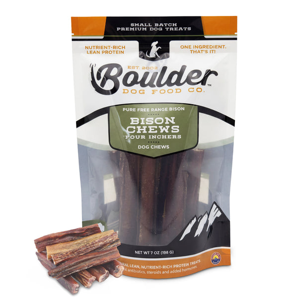 Boulder Dog Food Co. 6-inch Bison Chews bag with loose bison bully sticks. A single-ingredient, odor-free long-lasting chew for dogs.
