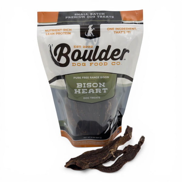 Boulder Dog Food Co. Bison Heart 8oz bag, a single-ingredient nutrient-dense superfood dog treat. 100% bison heart hand-crafted in Boulder, Colorado.