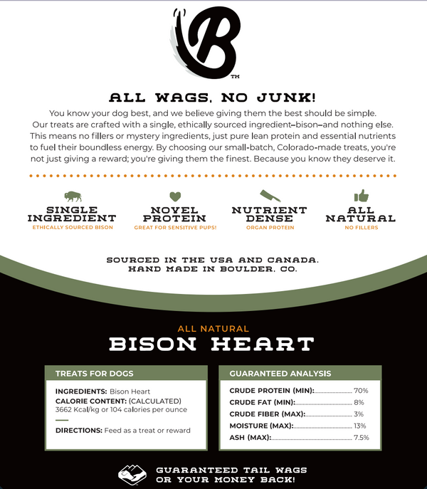 Product label for all natural bison heart treats for dogs with branding and text on a white background.