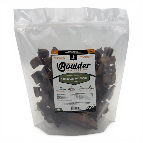 Bag of Boulder Dog Food Co. Hodgepodge dog treats on a white background