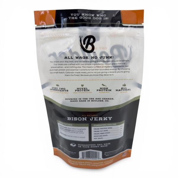 Ingredients and nutritional facts for Bison Jerky. Two-ingredient recipe: 100% bison and organic mixed tocopherols. No added hormones, antibiotics, or steroids. Made in the USA.