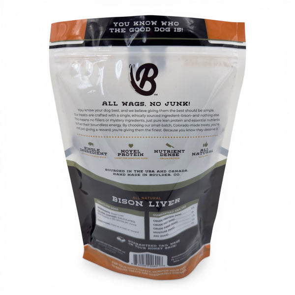 Ingredients and nutritional facts for Bison Liver. 100% free-range bison liver with no added hormones, antibiotics, or steroids. Grain-free and made in the USA.