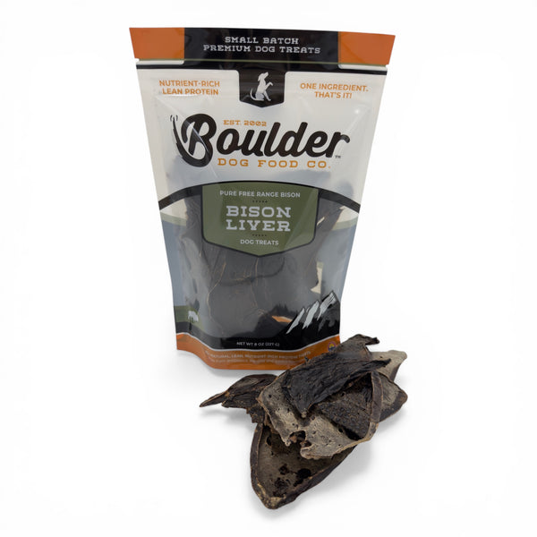 Boulder Dog Food Co. Bison Liver, a single-ingredient nutrient-dense superfood for dogs. Hand-crafted in small batches in Boulder, Colorado.
