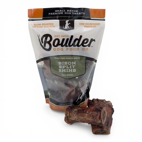 Boulder Dog Food Co. Baked Bison Split Shin Bone, a long-lasting single-ingredient chew for aggressive chewers. 100% natural and responsibly sourced bison.
