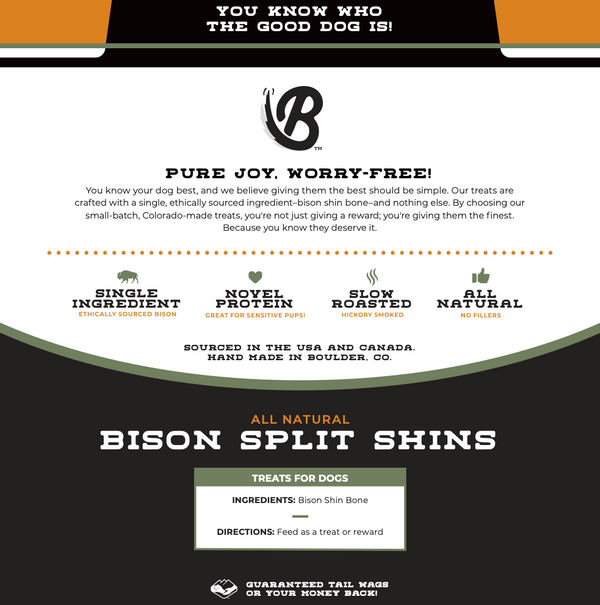 Product packaging for all-natural bison split shins treats for dogs with branding and text on a white background.