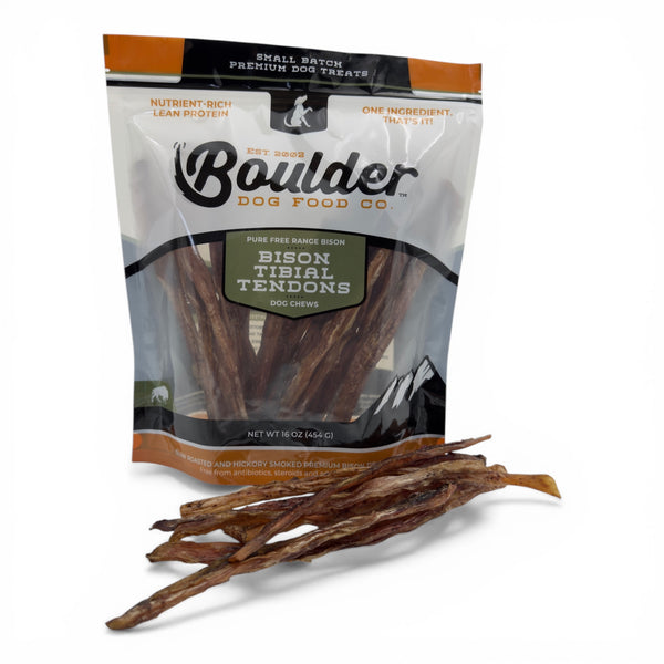 Boulder Dog Food Co. Bison Tibial Tendons 16oz bag, single-ingredient dog chews made from 100% bison. A high-protein, low-fat alternative to rawhide.