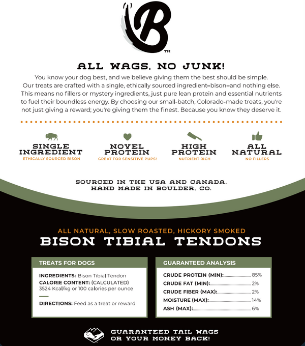Product label for bison tibial tendons for dogs with branding and text on a white background.