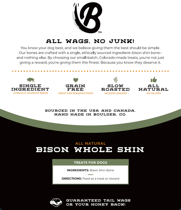 Product packaging for all natural bison whole shin treats for dogs with branding and text on a white background.