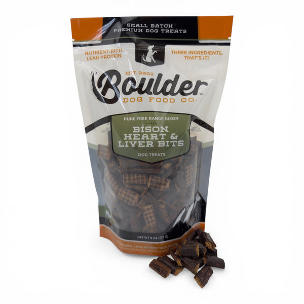 Boulder Dog Food Co. Bison Heart and Liver Bits, nutrient-dense organ blend of 100% bison liver and bison heart. A clean-label, two-ingredient superfood dog treat.