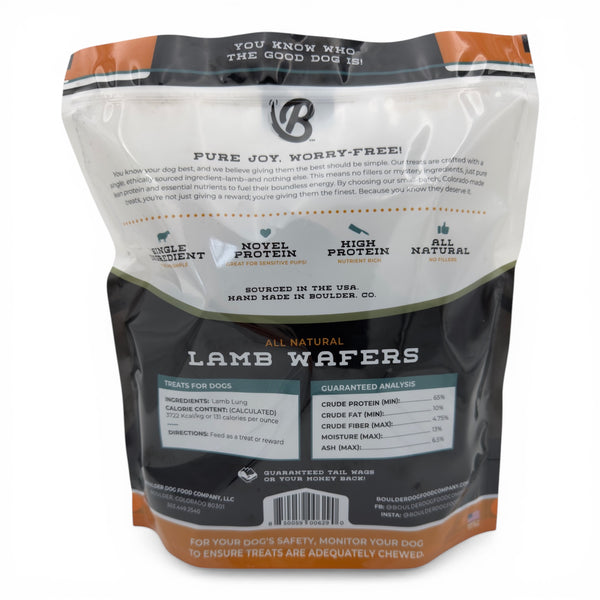 Nutritional facts and ingredients for Boulder Dog Food Lamb Wafers. Single-ingredient lamb lung with no fillers or additives. 100% USA sourced.