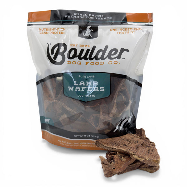 Boulder Dog Food Company Lamb Wafers 5oz bag, single-ingredient dog treats made from 100% lamb lung. High-protein, low-fat, and grain-free.