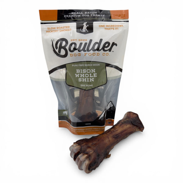 Boulder Dog Food Co. Baked Bison Whole Shin Bone, an extra-tough and long-lasting chew for aggressive chewers. 100% natural and responsibly sourced bison.