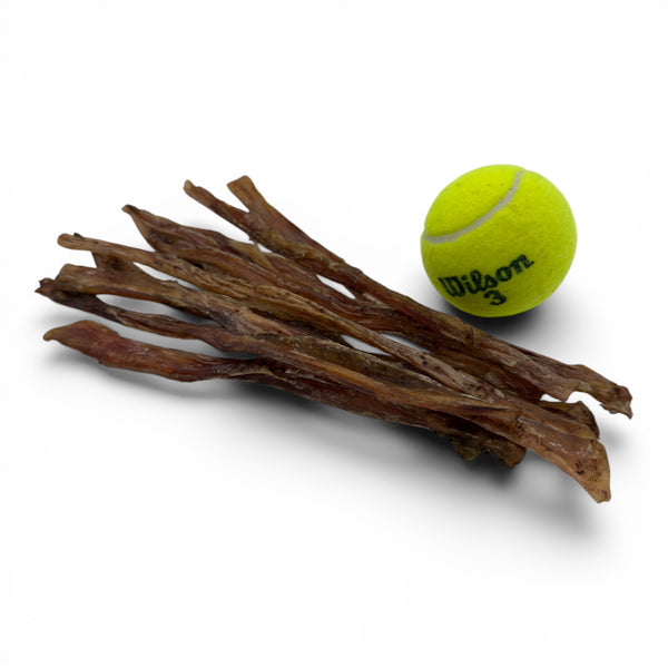 Size comparison of Boulder Dog Food Bison Tibial Tendons next to a tennis ball. Showing the length and thickness of these natural, fully digestible dog chews.