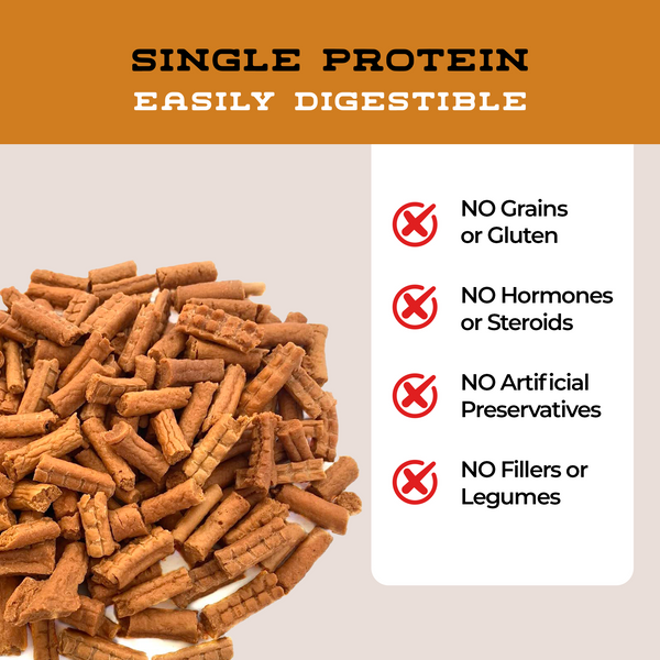 Dog treats with 'Single Protein Easily Digestible' text and benefits listed on a beige background