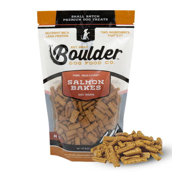 Boulder Dog Food Co. salmon bake dog treats packaging with treats displayed.