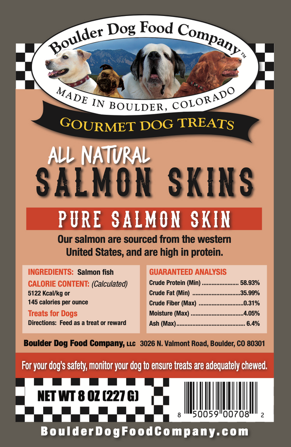 Guaranteed analysis for Salmon Skins showing 50% crude protein and 30% crude fat, rich in natural Omega fatty acids for dogs.