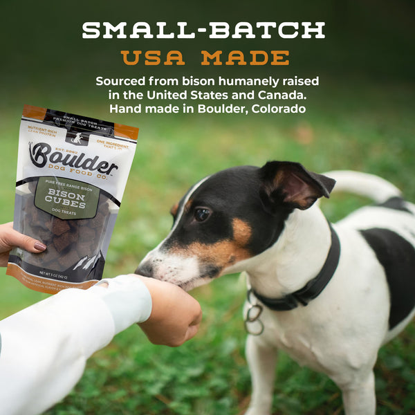 Freshly prepared small-batch bison treats  - artisanal dog treat manufacturing process in the USA.