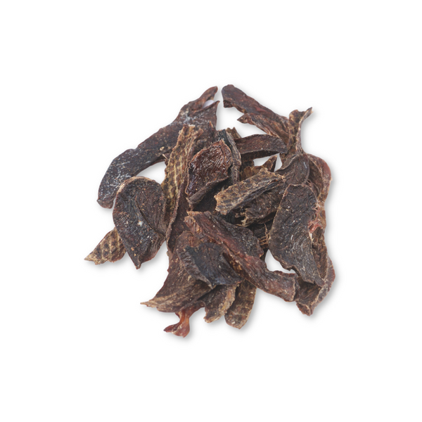 Close-up of Boulder Dog Food Bison Heart strips, showing the rich, dark texture of 100% bison organ meat. Naturally rich in Taurine and CoQ10 for cardiovascular health.