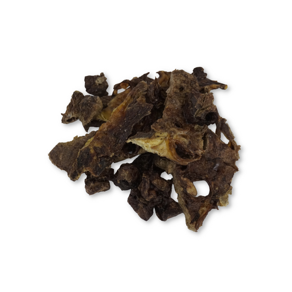 Close-up of Boulder Dog Food Bison Hodgepodge, showing a natural blend of bison lung wafers and crunchy bison trachea. A nutrient-dense novel protein mix for dogs.